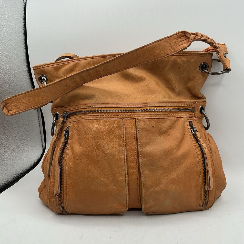 The Sak Tan Leather Shoulder Hobo Bag Multi Pocket Large Boho Handbag Purse
